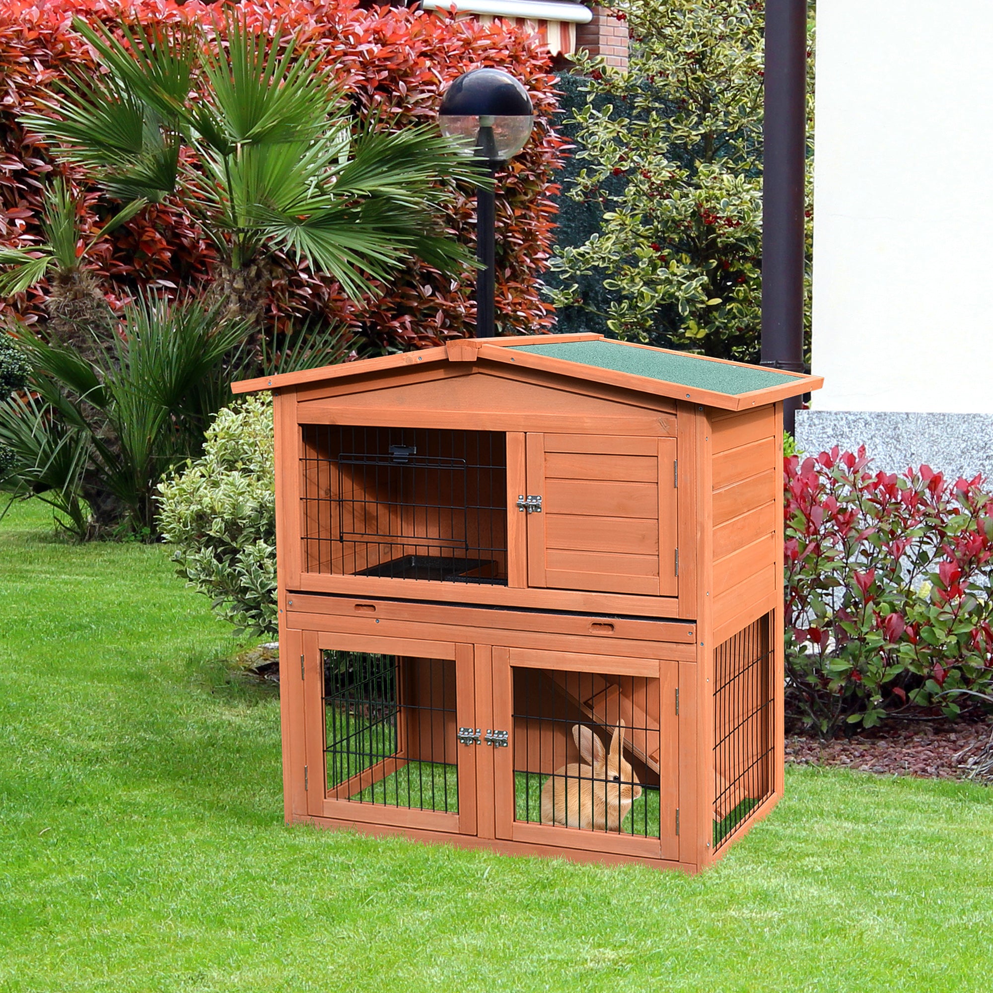 PawHut Rabbit Hutch Outdoor Guinea Pig Hutch 2-Tier Bunny Cage with No-Leak Tray 100.5 x 55 x 101 cm 