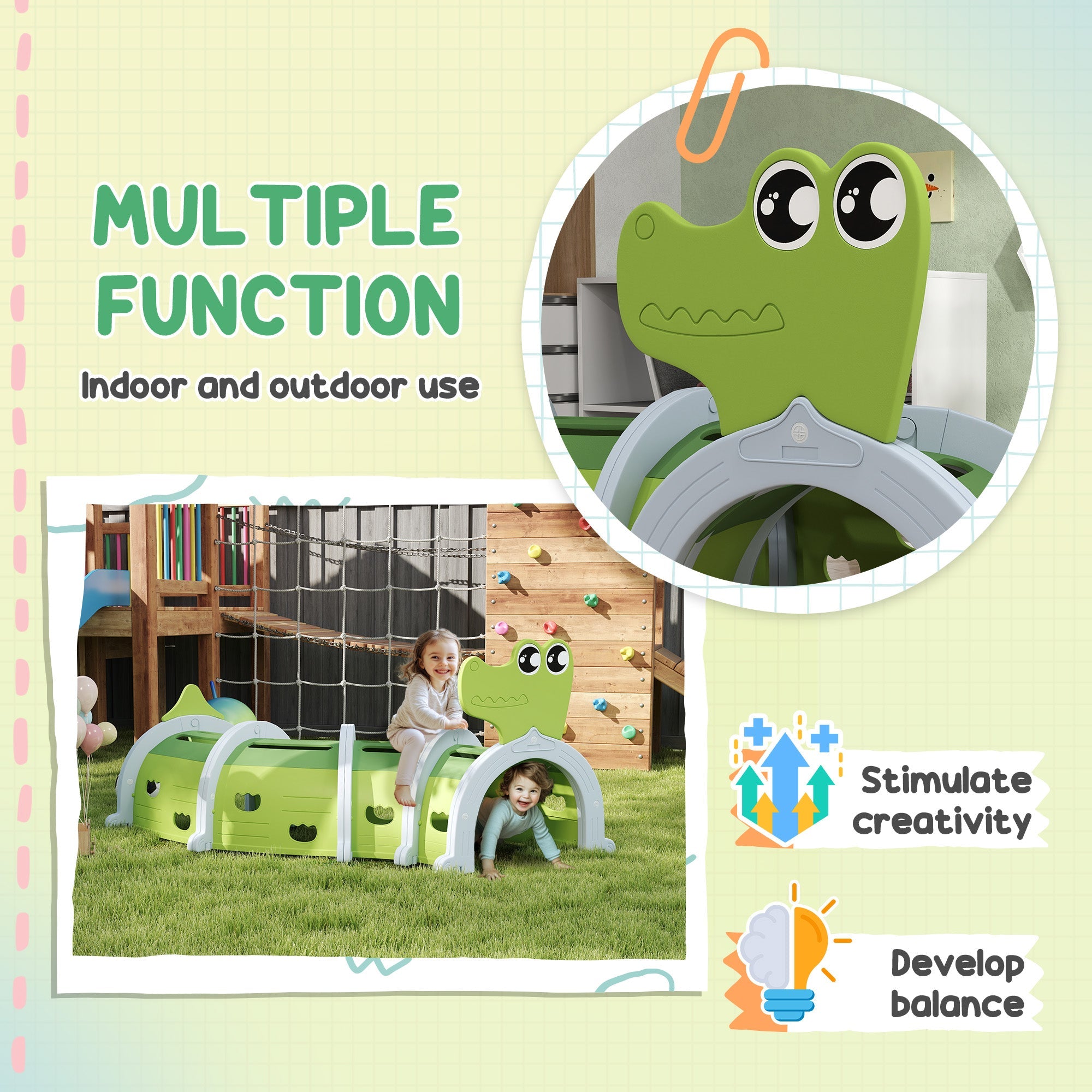 AIYAPLAY Crocodile Design Kids Play Tunnel for Ages 3-6 Crawl and Climb 
