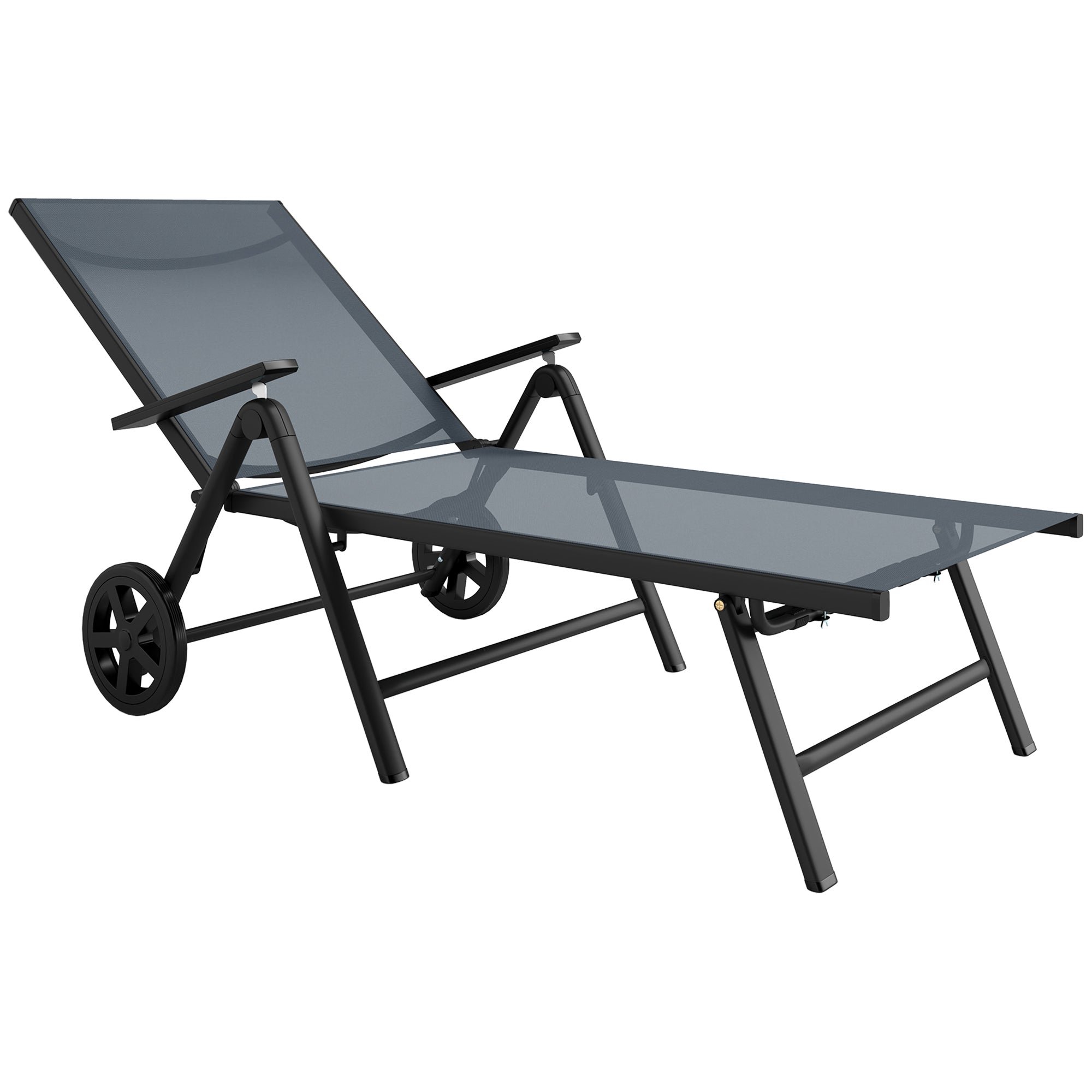 Outsunny Folding Sun Lounger with Wheels, 5-Position Adjustable Garden Chaise Lounge Sunbed with Armrests, Metal Frame Outdoor Portable Reclining Chair for Beach, Porch, Grey 