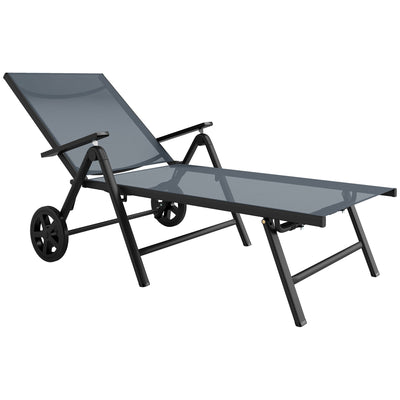 Outsunny Folding Sun Lounger with Wheels, 5-Position Adjustable Garden Chaise Lounge Sunbed with Armrests, Metal Frame Outdoor Portable Reclining Chair for Beach, Porch, Grey 