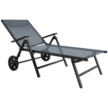 Outsunny Folding Sun Lounger with Wheels, 5-Position Adjustable Garden Chaise Lounge Sunbed with Armrests, Metal Frame Outdoor Portable Reclining Chair for Beach, Porch, Grey 