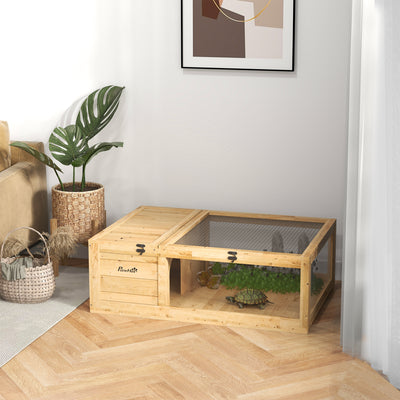 PawHut Tortoise House, Small Reptile Wooden House, with Mesh Roofs, Side Panels, for Turtles, Lizards, Geckos and Snakes 