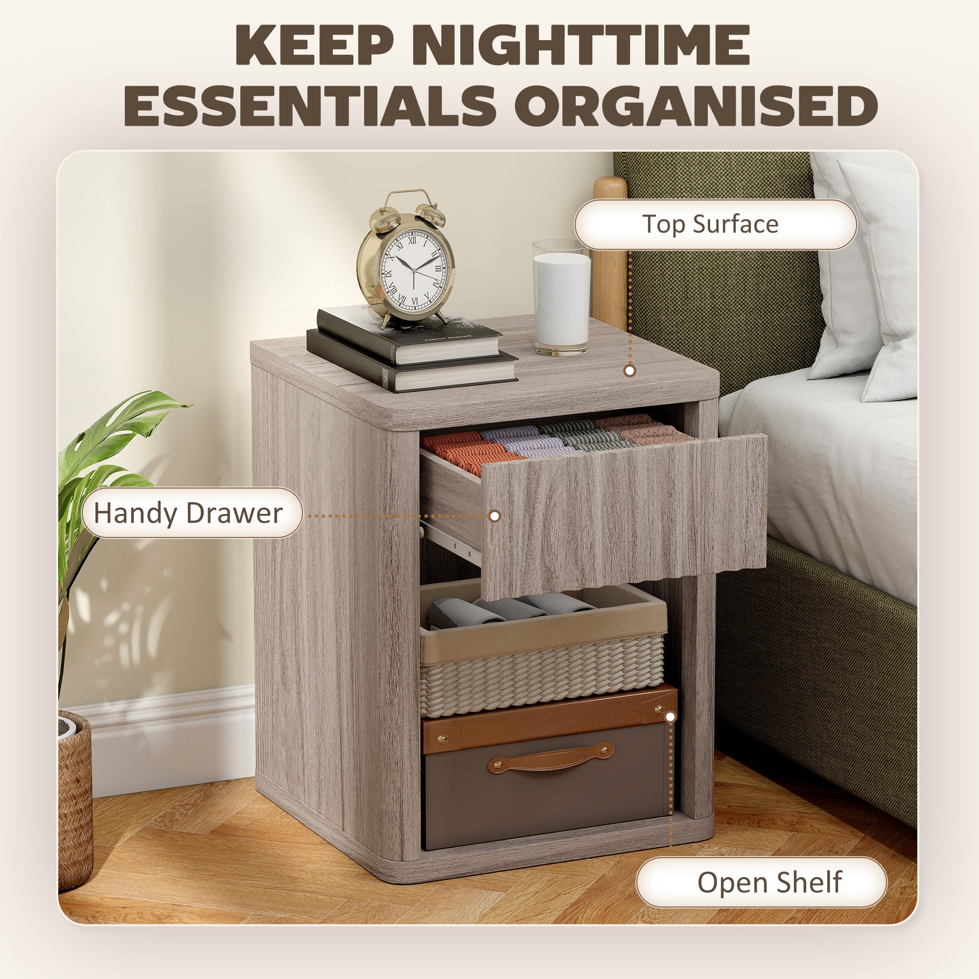 HOMCOM Modern Bedside Table Set of 2, Bedside Cabinet with Drawer and Open Shelf, Side End Table, Nightstand for Bedroom, Oak 