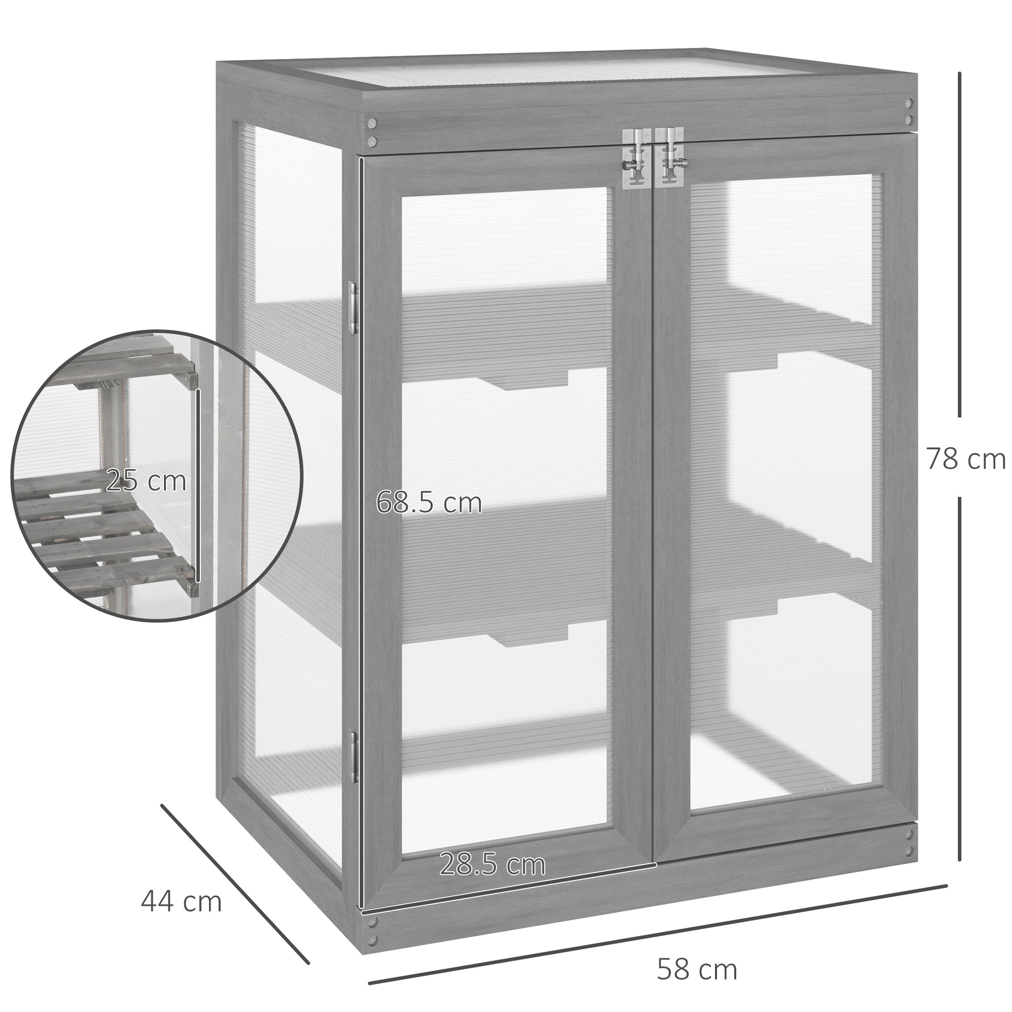 Outsunny 3-tier Wood Greenhouse Garden Polycarbonate Cold Frame Balcony Grow House w/ Storage Shelf for Plants, Flowers, Dark Grey 