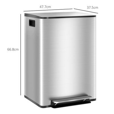 HOMCOM 60L Dual Compartment Stainless Steel Bin, with Deodoriser Holders - Silver Tone 