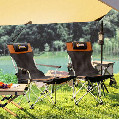Outsunny Set of 2 Reclining Folding Camping Chair w/ Detachable Footrest, Storage Bag, Cup Holder & Headrest, Lightweight Portable Camp Chair for Beach, Picnic, Orange and Black 