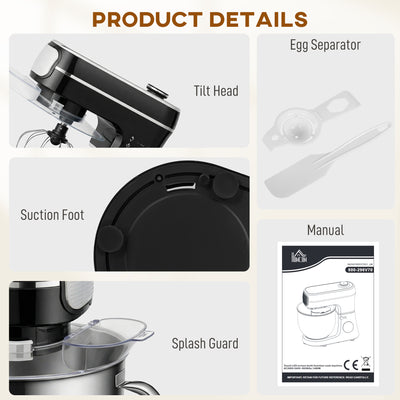 HOMCOM Stand Mixer, 6L 1400W Tilt-Head Food Mixer with 11 Speeds, Pulse & Fermentation Function, LED Display, Black 