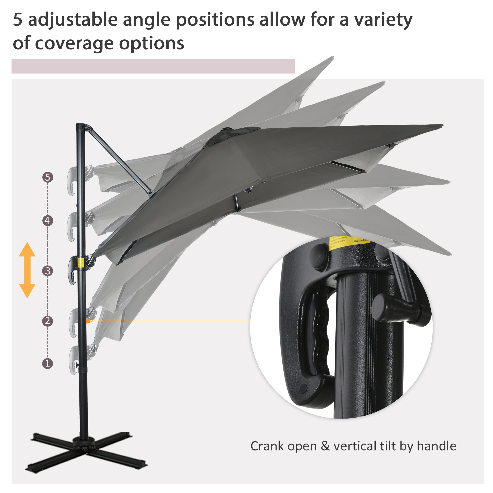Outsunny 2.5 x 2.5m Patio Offset Parasol Umbrella Cantilever Hanging Aluminium Sun Shade Canopy Shelter 360\'c2\'b0 Rotation with Crank Handle and Cross Base, Grey