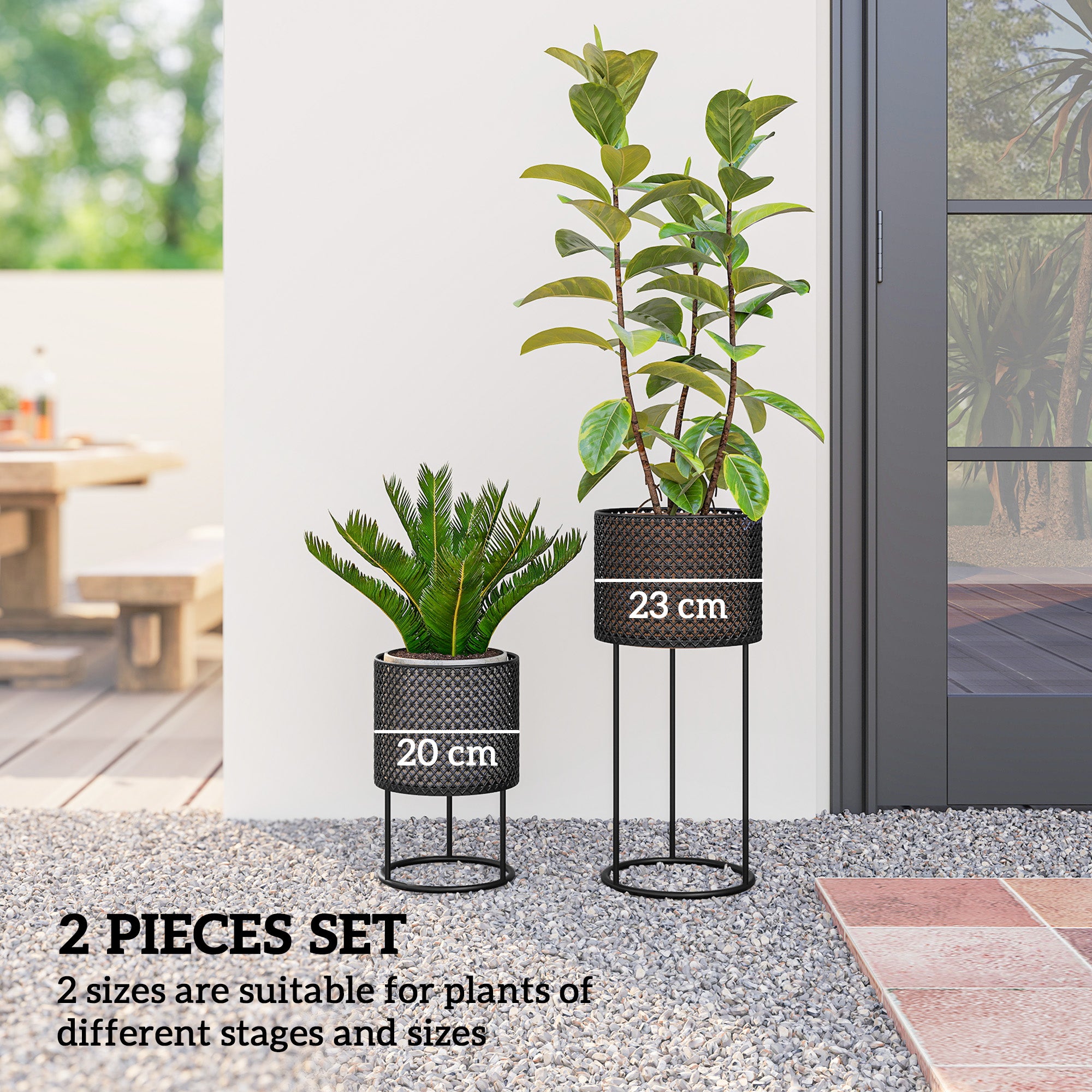 Outsunny Metal Plant Pots Set of 2 with Hollow Design Flower Planters for Garden Balcony Black 