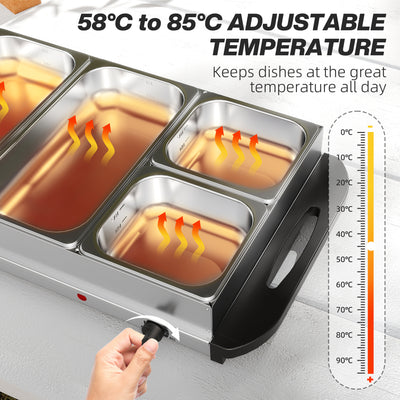 HOMCOM Electric Food Warmer 5 Tray, 9.2L Portable Buffet Server and Warming Tray with Lids, Adjustable Temperature Control and Cool Touch Handles, 450W, 3 x 2.4L and 2 x 1L, Silver Tone 