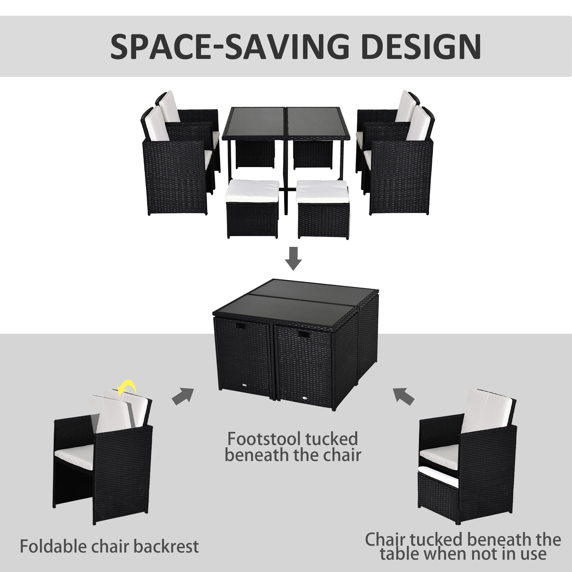 Outsunny 8 Seater Rattan Cube Garden Furniture Set, Rattan Dining Set with Cushions, Outdoor Dining Table and Chairs with 4 Armchairs, 4 Stools, Square Glass Top Table, Black 