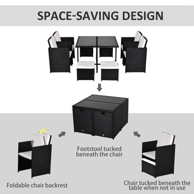 Outsunny 8 Seater Rattan Cube Garden Furniture Set, Rattan Dining Set with Cushions, Outdoor Dining Table and Chairs with 4 Armchairs, 4 Stools, Square Glass Top Table, Black 