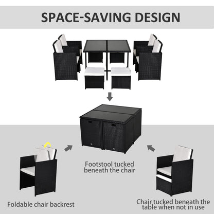 Outsunny 8 Seater Rattan Cube Garden Furniture Set, Rattan Dining Set with Cushions, Outdoor Dining Table and Chairs with 4 Armchairs, 4 Stools, Square Glass Top Table, Black 