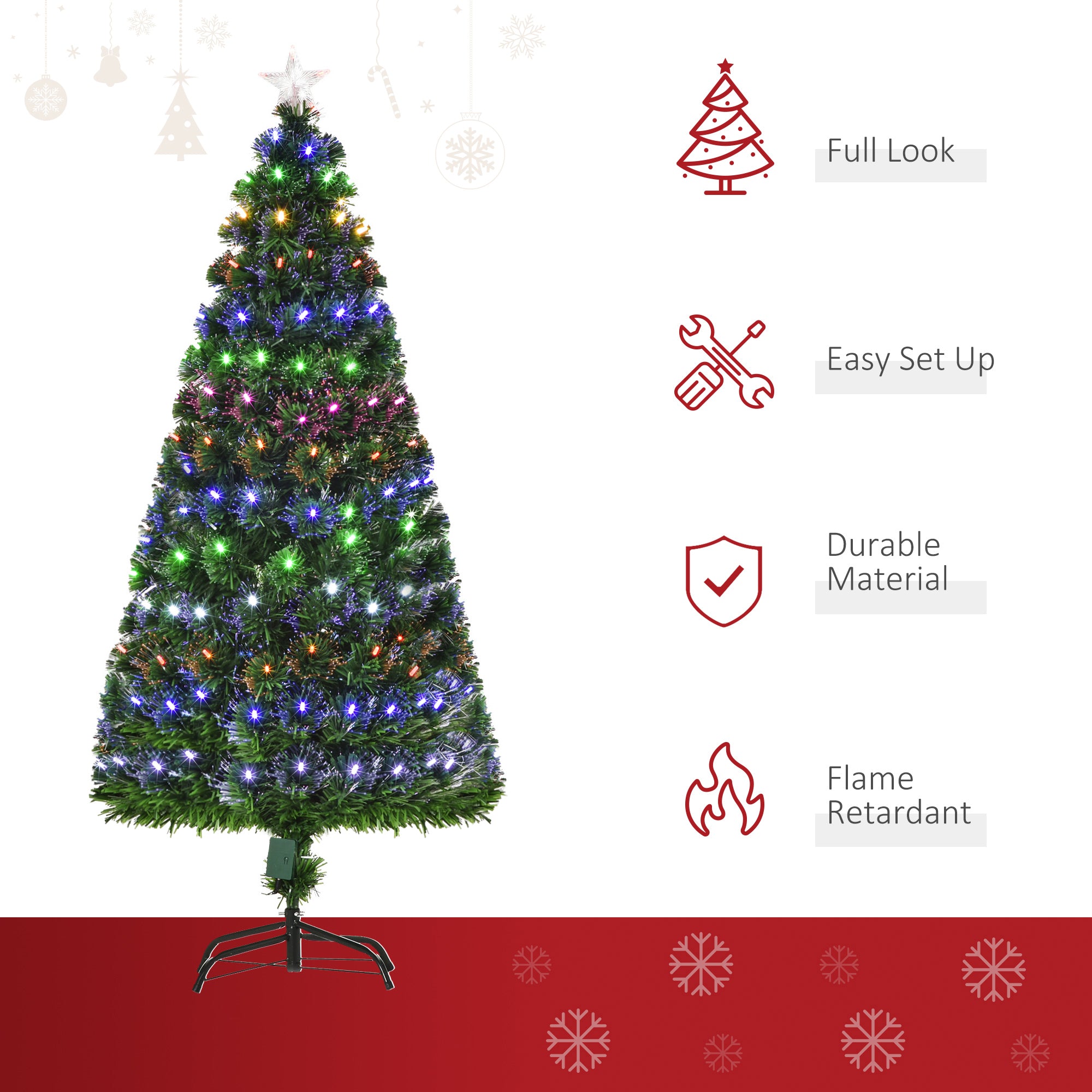 HOMCOM 5FT Pre-Lit Artificial Christmas Tree w/ Lights Star Topper Metal Base Home Seasonal Decoration 
