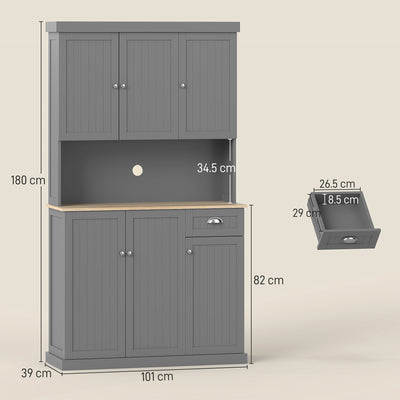 HOMCOM 180cm Freestanding Kitchen Cabinet, Modern Storage Cupboard with Open Countertop, Drawer and 6 Doors, Grey 