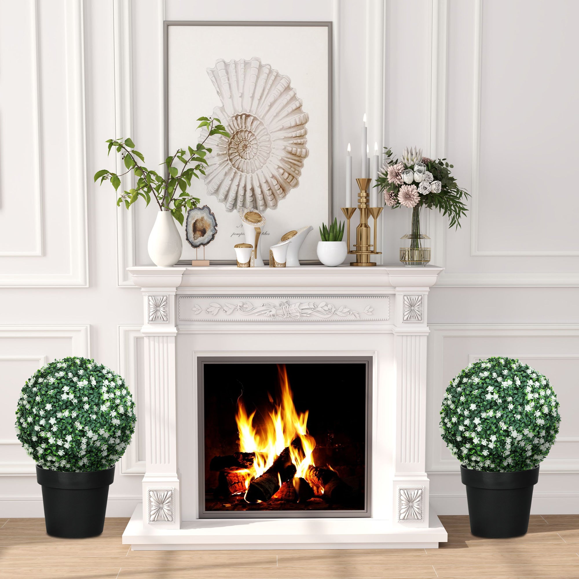HOMCOM Set of Two Artificial Boxwood Balls Plants - White 