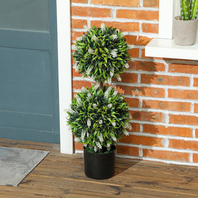 HOMCOM Set of 2 Decorative Artificial Plants Ball Trees with Lavender Flowers in Pot Fake Plants for Home Indoor Outdoor Decor, 70cm, White 