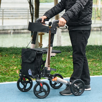 HOMCOM 4 Wheel Rollator with Seat and Back, Folding Mobility Walker with Carry Bag, Adjustable Height, Dual Brakes, Cane Holder, Lightweight Aluminium Walking Frame for Seniors and Disabled, Gold Tone 