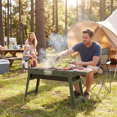 Outsunny Portable BBQ Grill, Foldable Charcoal Grill for Camping and Picnics with 2 Side Shelves and Handle, Green 