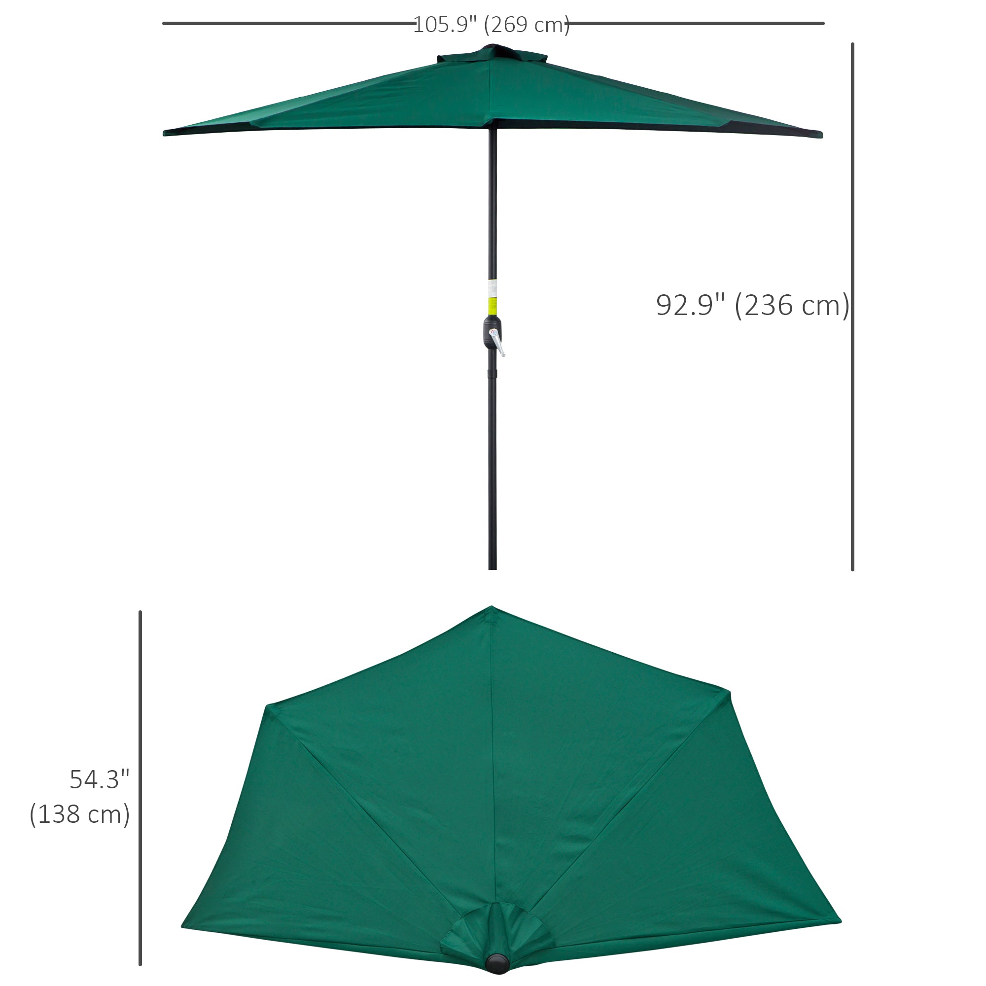 Outsunny 2.7m Garden Half Parasol, Outdoor Balcony Umbrella with 5 Steel Ribs, Patio Sun Shade, Green 