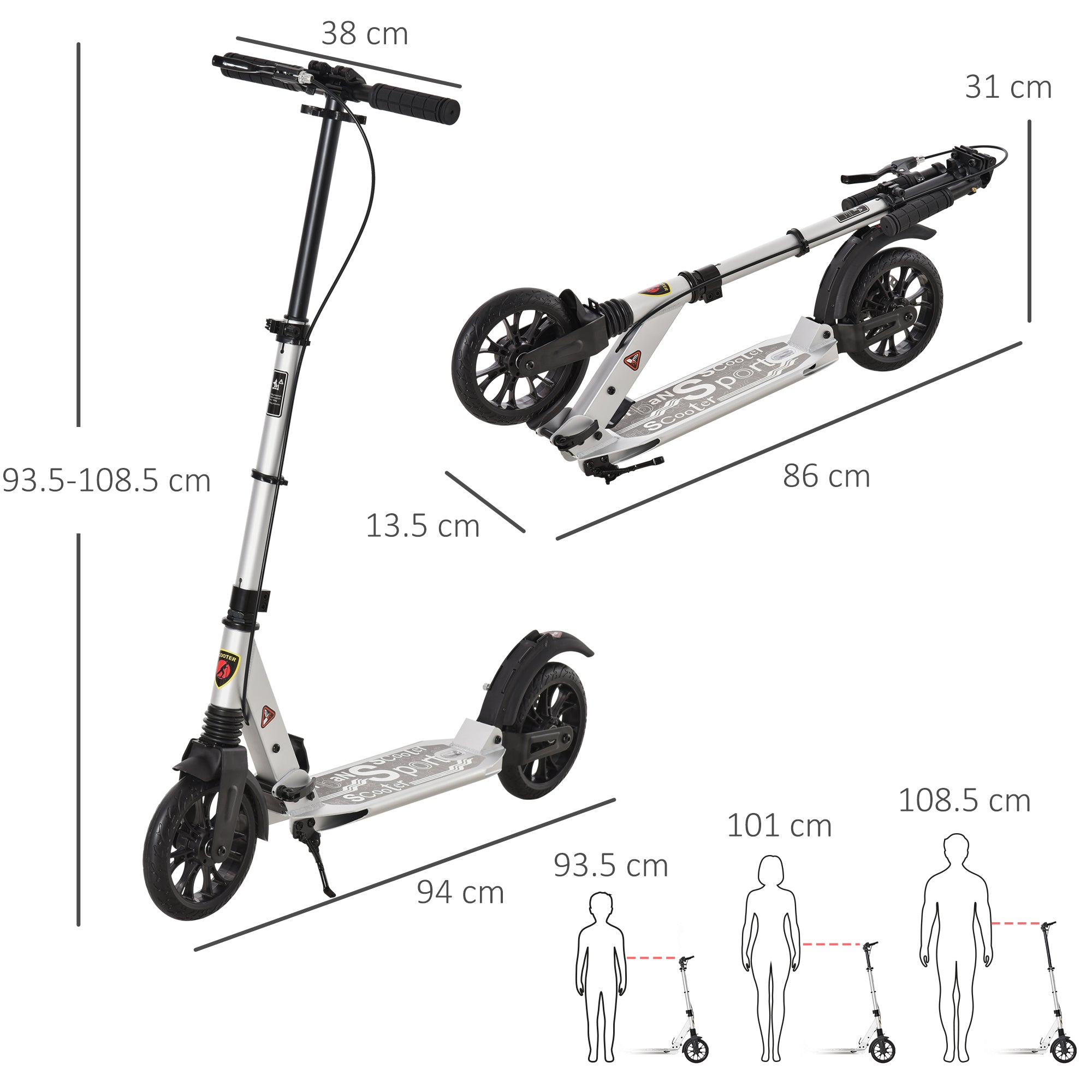HOMCOM Teen/Adults Aluminium Folding Kick Scooter w/ Shock Mitigation System Silver 