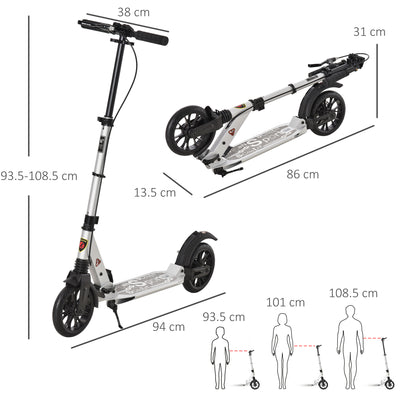 HOMCOM Teen/Adults Aluminium Folding Kick Scooter w/ Shock Mitigation System Silver 