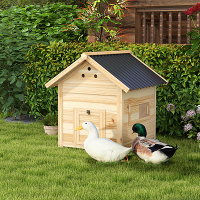 PawHut Wooden Duck House with Double Doors, Openable Roof, Ventilation Holes, Removable Base, Natural Wood Finish 