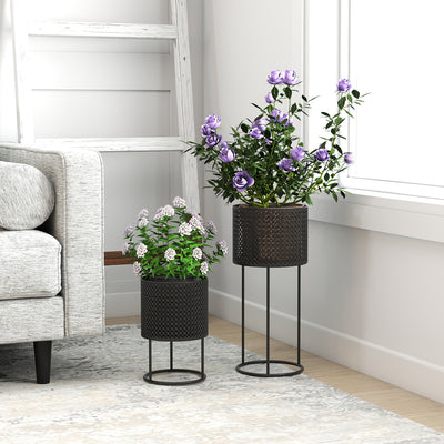 Outsunny Metal Plant Pots Set of 2 with Hollow Design Flower Planters for Garden Balcony Black 