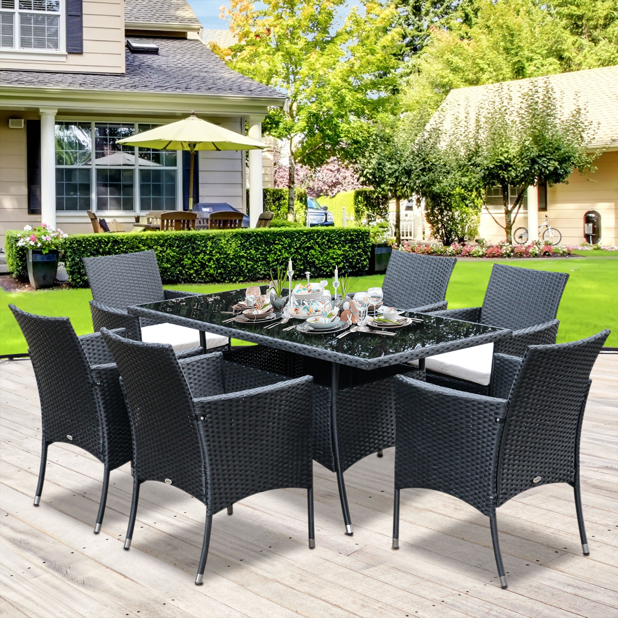 Outsunny 6 Seater Rattan Dining Set with Cushions, Rattan Garden Furniture Set with 6 Armchairs, Rectangular Glass Top Table, Outdoor Dining Table and Chairs, Black 