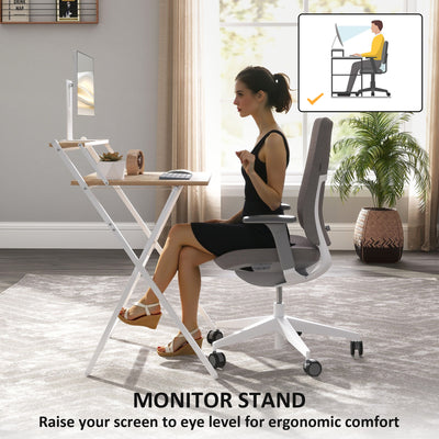 HOMCOM 70 cm Folding Computer Desk with Monitor Shelf - Natural Wood Finish 
