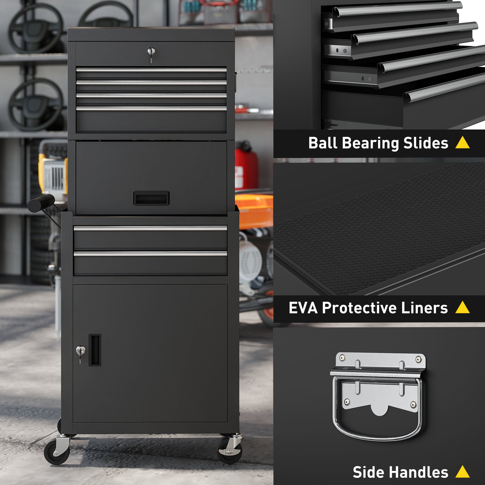 HOMCOM Three-Part Steel Locking Tool Chest - Black 