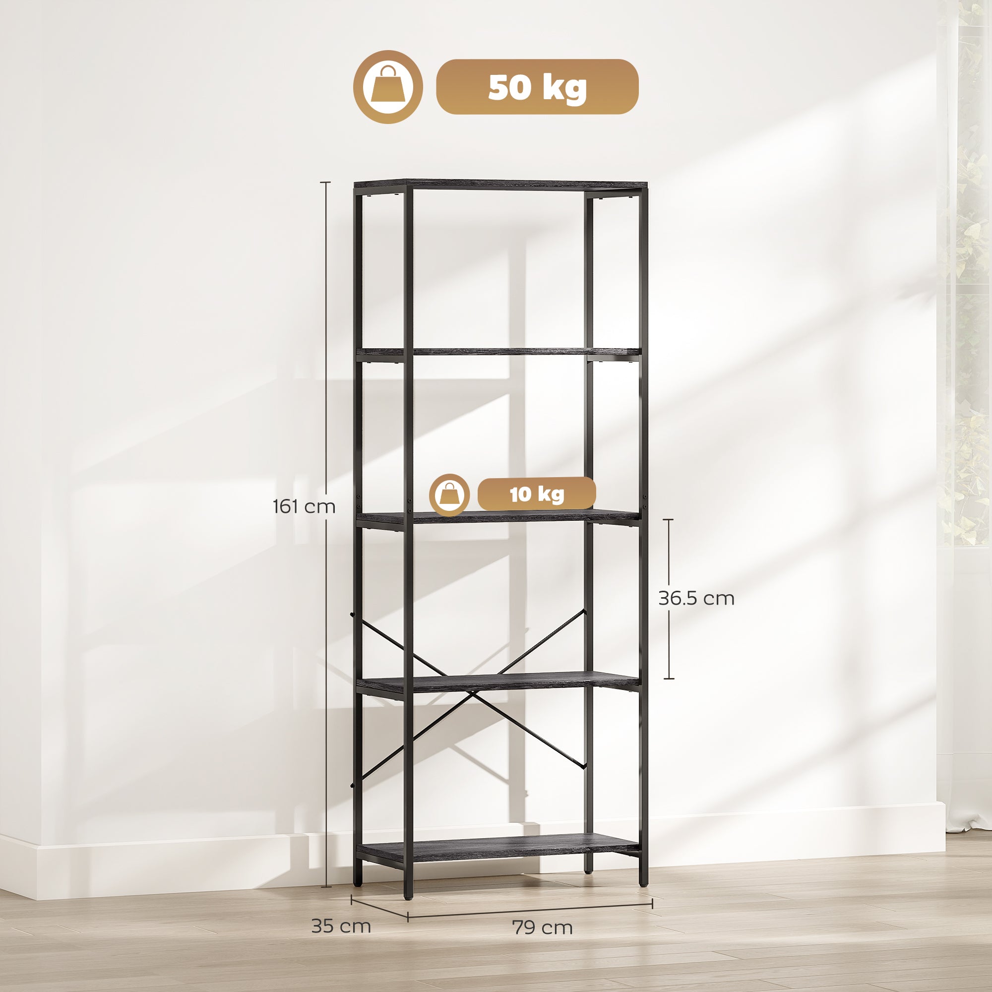HOMCOM 5-Tier Bookshelf, Industrial Bookcase with Metal Frame - Dark Grey and Black 