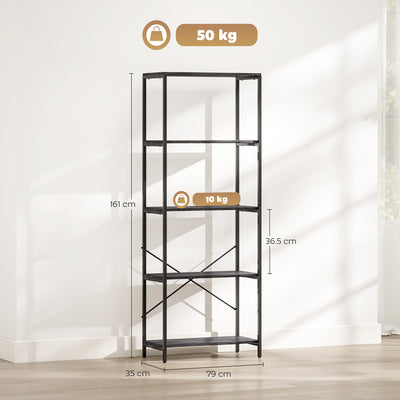 HOMCOM 5-Tier Bookshelf, Industrial Bookcase with Metal Frame - Dark Grey and Black 