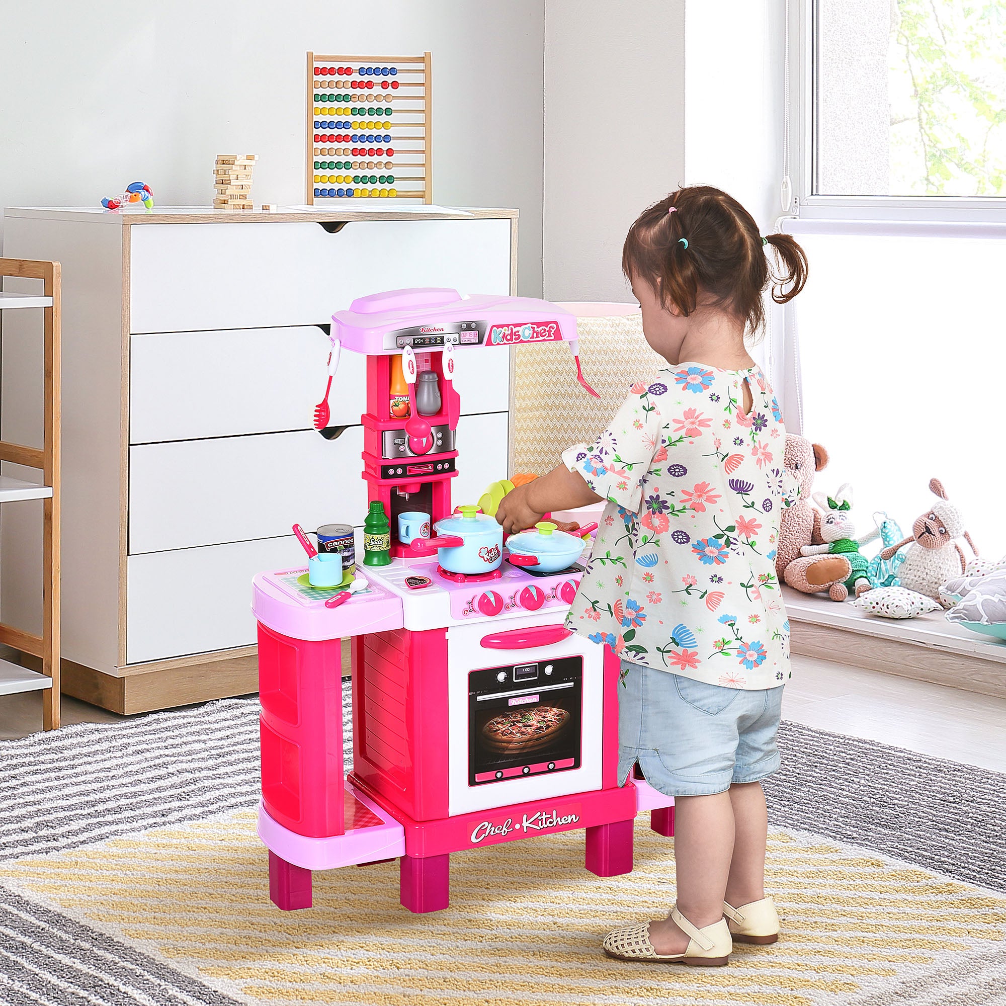 HOMCOM 38 Pcs Kids Children Kitchen Play Set w/ Realistic Sounds Lights Food Utensils Pots Pans Appliances Toy Game Pink 