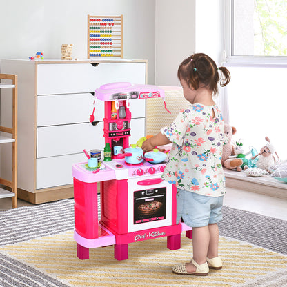 HOMCOM 38 Pcs Kids Children Kitchen Play Set w/ Realistic Sounds Lights Food Utensils Pots Pans Appliances Toy Game Pink 