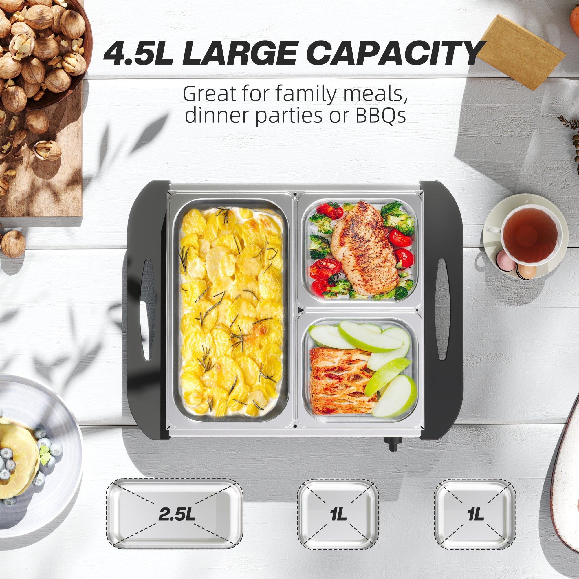 HOMCOM 4.5L Stainless Steel Electric Buffet Server, with 3x Trays and Lids 