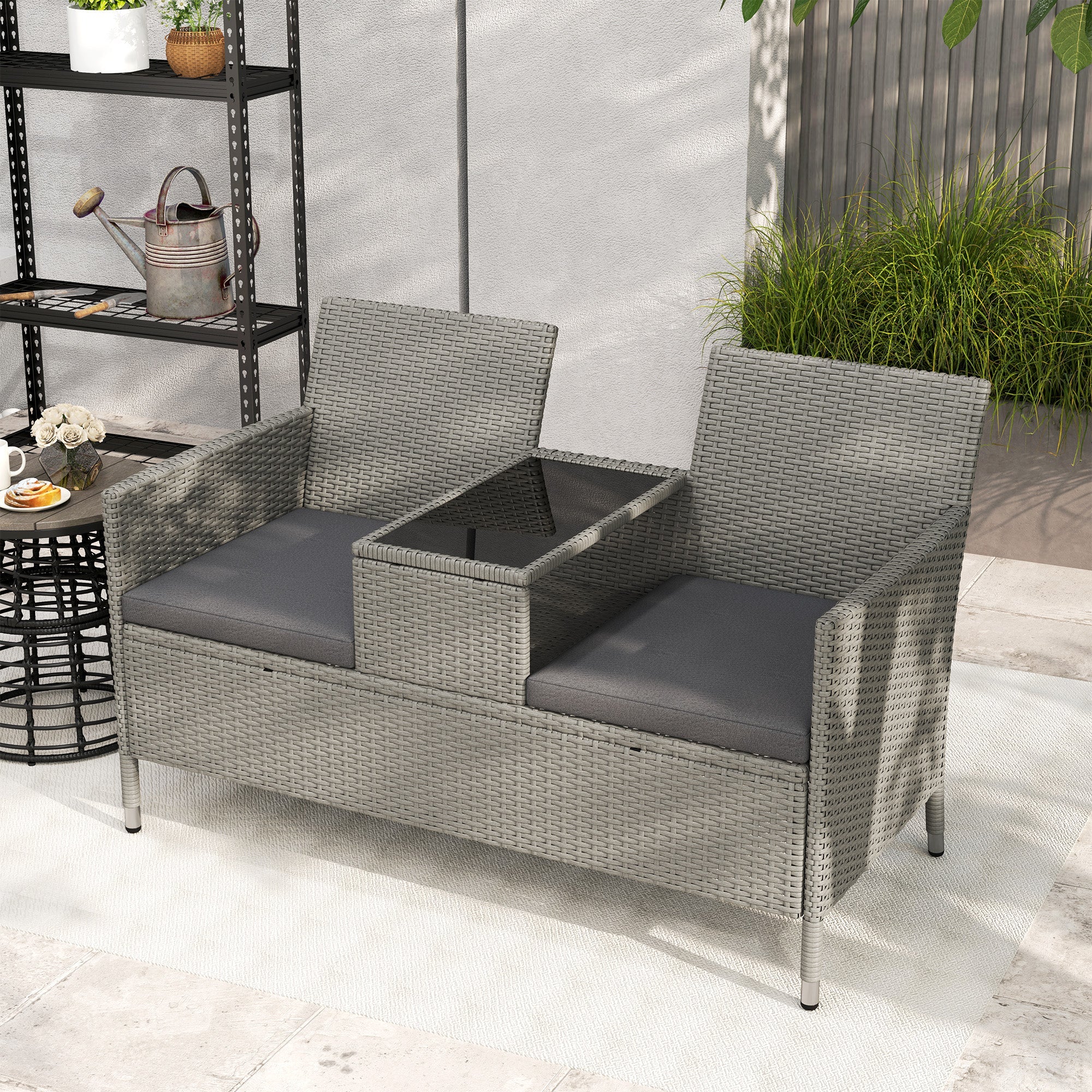 Outsunny 2-Seater PE Rattan Outdoor Garden Bench w/ Centre Table Grey 