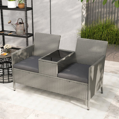 Outsunny 2-Seater PE Rattan Outdoor Garden Bench w/ Centre Table Grey 
