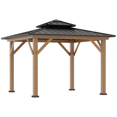 Outsunny 3.5 x 3.5m Outdoor Hardtop Gazebo Canopy with Two-tier Metal Roof and Solid Wood Frame Outdoor Patio Shelter for Patio, Garden, Grey 