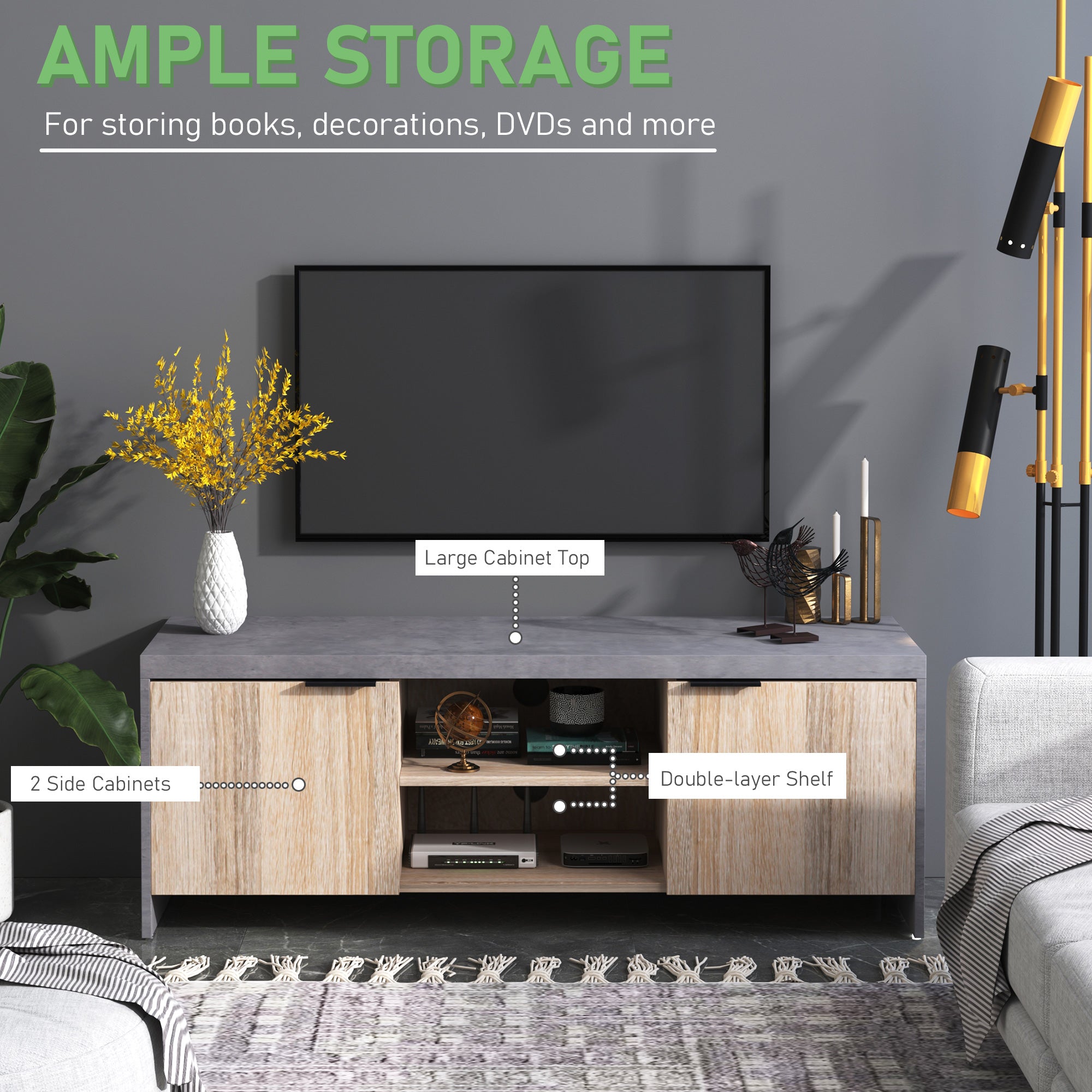 HOMCOM TV Stand for TV up to 55", 2 Doors TV Cabinet with Open Shelves, TV Unit TV Table for Living Room Bedroom Entertainment Room, 120L x 40W x 44H, Grey 