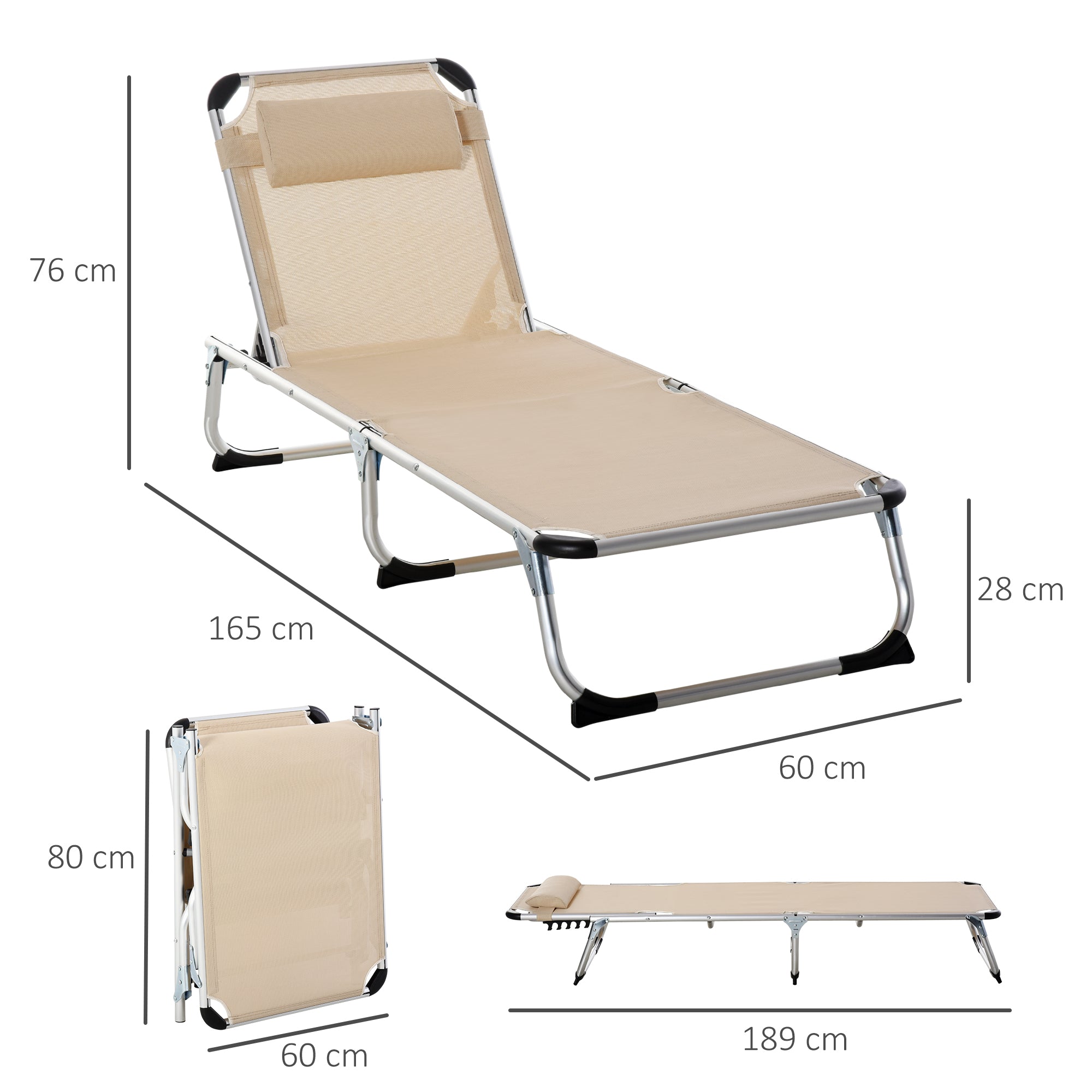 Outsunny Foldable Outdoor Sun Lounger, Reclining Lounge Chair Camping Bed Cot with Pillow 4-Level Adjustable Back Aluminium Frame, Khaki 