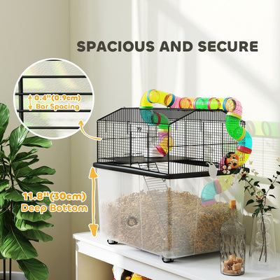 PawHut 2 Tier Hamster Cage with 31cm Deep Tray, Tube System, Water Bottle, Ramp, Feeding Bowl, 58 x 43 x 57cm, Multicolour 