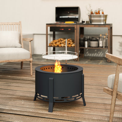Outsunny Portable Fire Pit, 58 cm Round Firepit with Grill Grate, Fire Bowl with Ash Catcher and Poker, Fire Pit BBQ for Garden Camping Bonfire Picnic, Black 