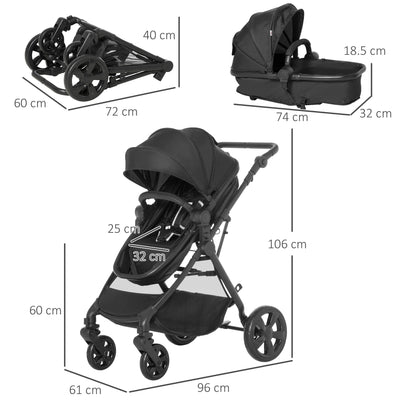 HOMCOM Foldable Baby Stoller, with Reclining Backrest, Adjustable Canopy, for Ages 0-36 Months - Black 
