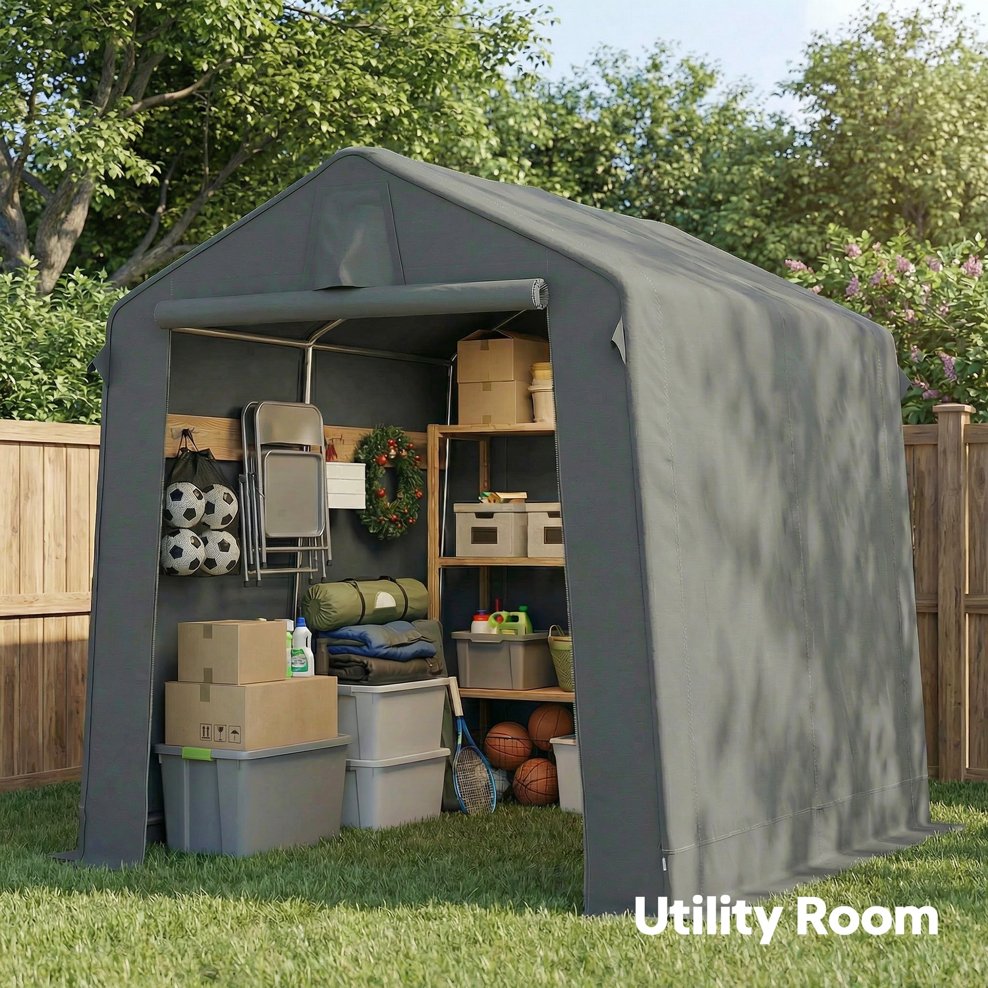 Outsunny 7.5 x 6.2 ft Outdoor Garden Storage Shed, Waterproof Bike Tent with Roll-Up Zipper Door and Vent, Dark Grey 