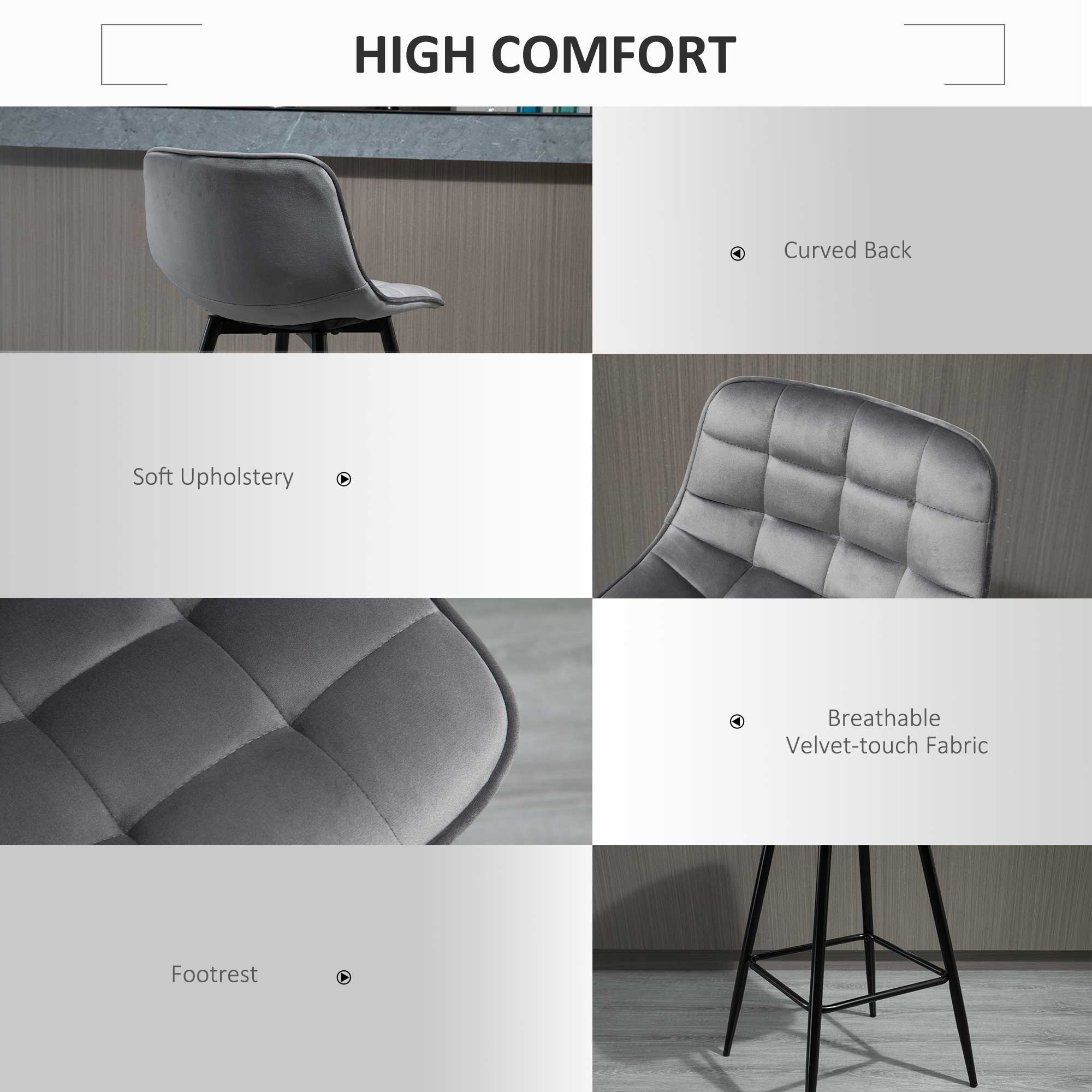 HOMCOM Set of 2 Bar Stools Velvet-Touch Dining Chairs Kitchen Counter Chairs    Fabric Upholstered seat with Metal Legs, Backrest, Grey 