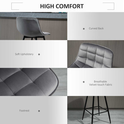HOMCOM Set of 2 Bar Stools Velvet-Touch Dining Chairs Kitchen Counter Chairs    Fabric Upholstered seat with Metal Legs, Backrest, Grey 