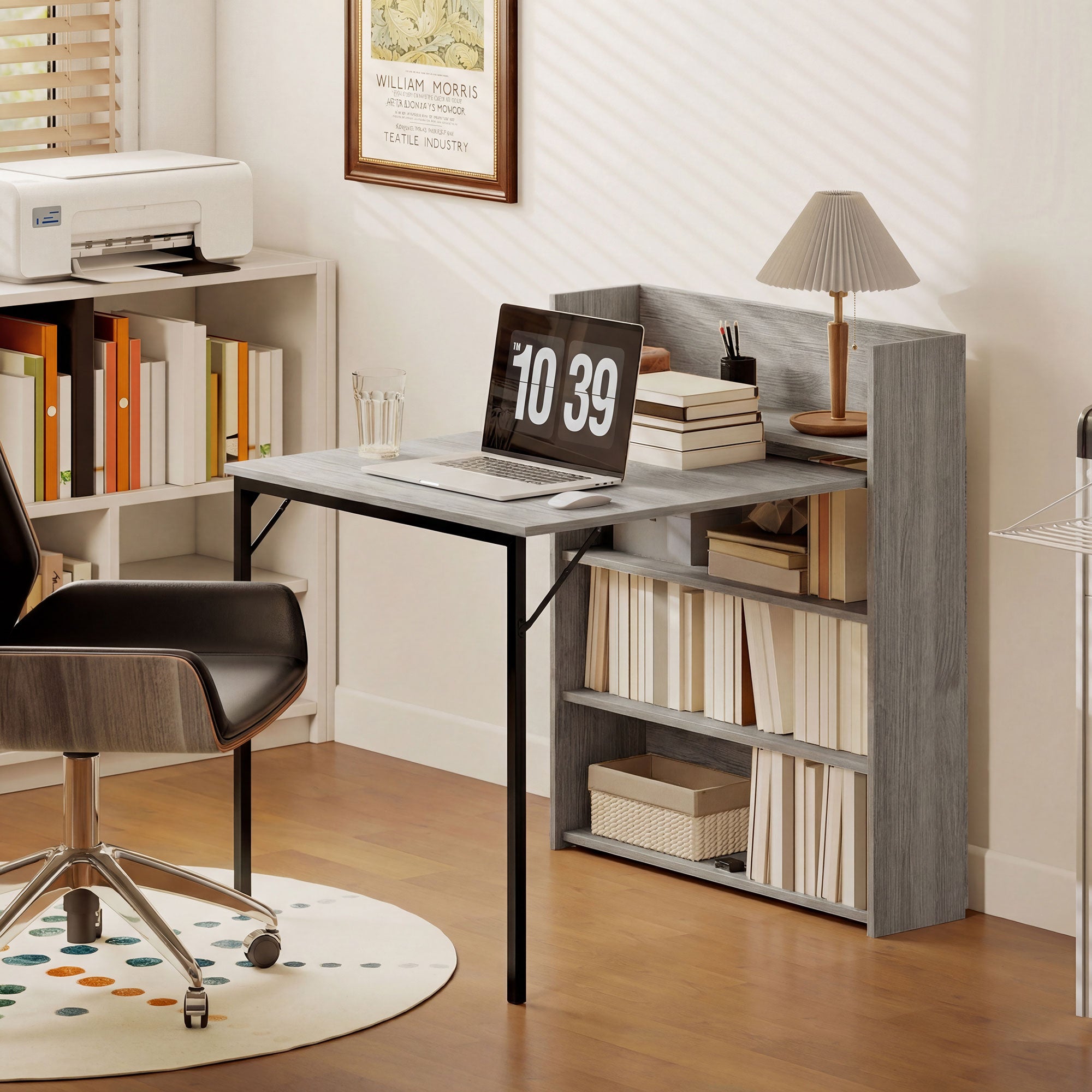 HOMCOM Kitchen Table, Folding Dining Table, with 4-Tier Shelves, Modern Drop-Leaf Table, Grey Wood Effect 