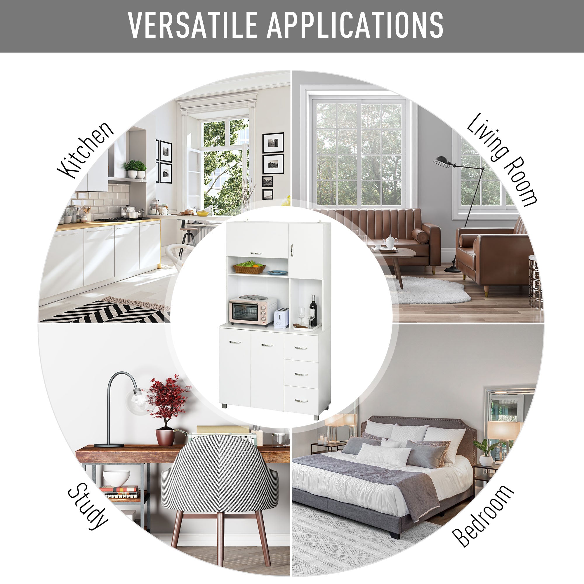 HOMCOM Kitchen Cupboard, 183cm Tall Storage Cabinet with Countertop, Sideboard with 3 Drawers, 4 Doors and Open Shelves, 100W x 39.5D x 183.5H cm, White 