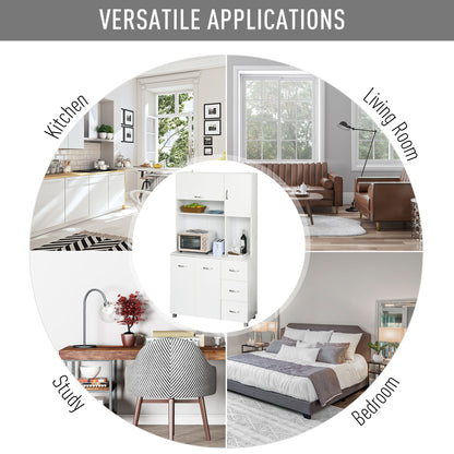 HOMCOM Kitchen Cupboard, 183cm Tall Storage Cabinet with Countertop, Sideboard with 3 Drawers, 4 Doors and Open Shelves, 100W x 39.5D x 183.5H cm, White 